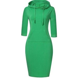 MISSKY Women Pocket Knee Length Green Casual Pullover Hoodie Dress